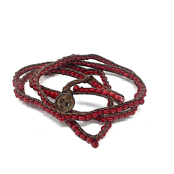 Boho Red Beaded Bracelet Wrapped on Waxed Linen with Silver Toned Button Closure - Picture 6 of 13